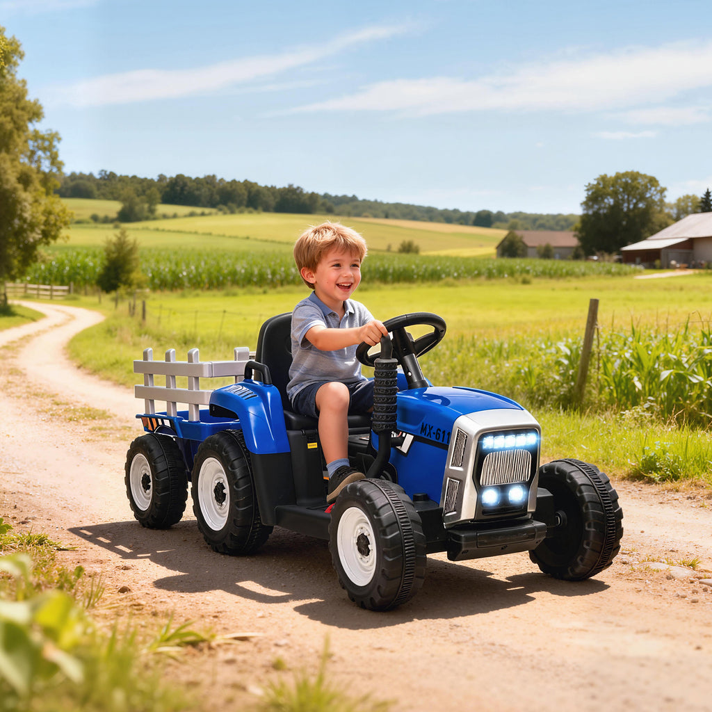 HOMCOM Electric Tractor for Kids with Removable Trailer, Remote Control, USB Port, Music and Lights, Ages 3-6 Years, Blue