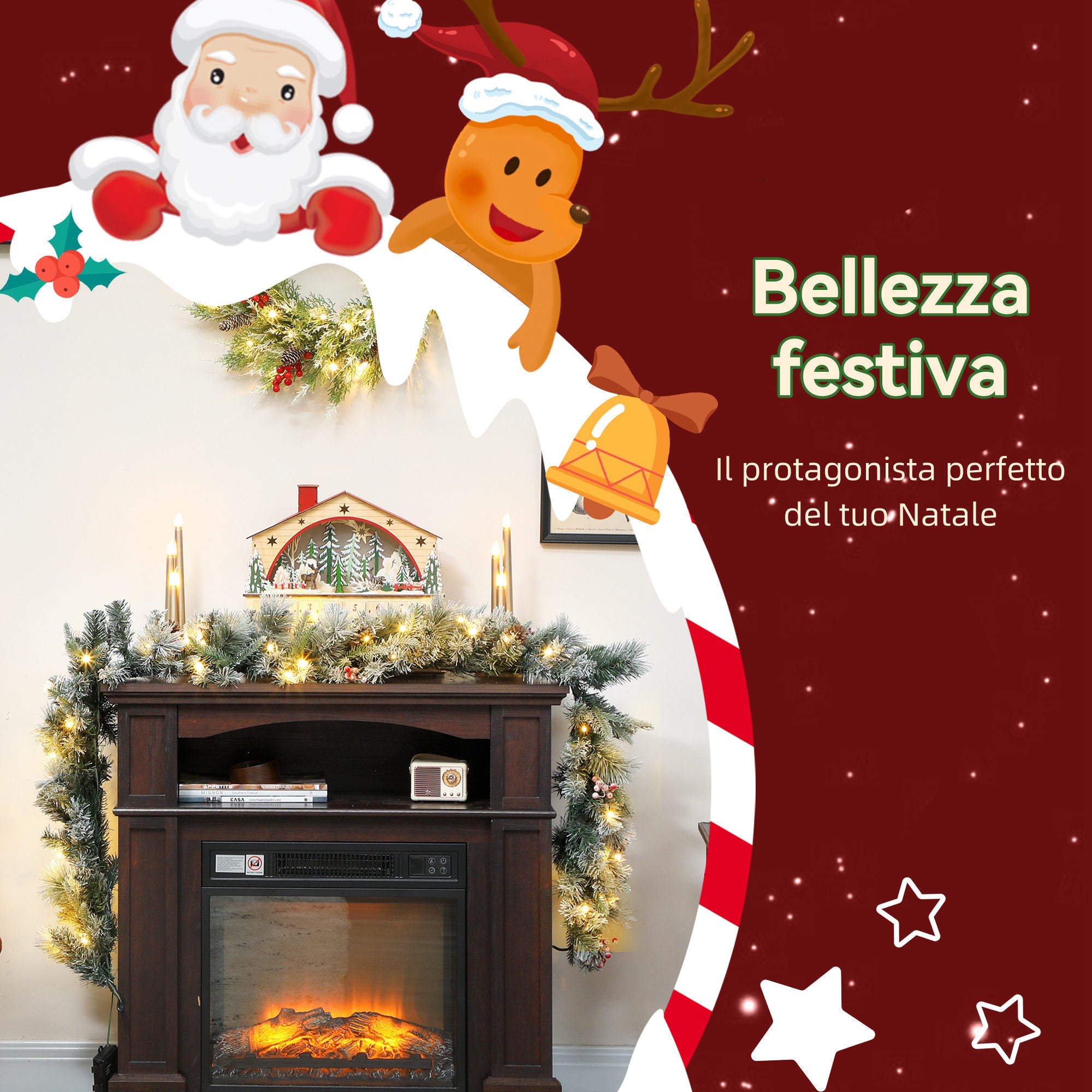 Christmas Garland Ø25x180 cm with 50 LED Lights, Berries and Pine Cones, in Plastic and Metal, Green and White