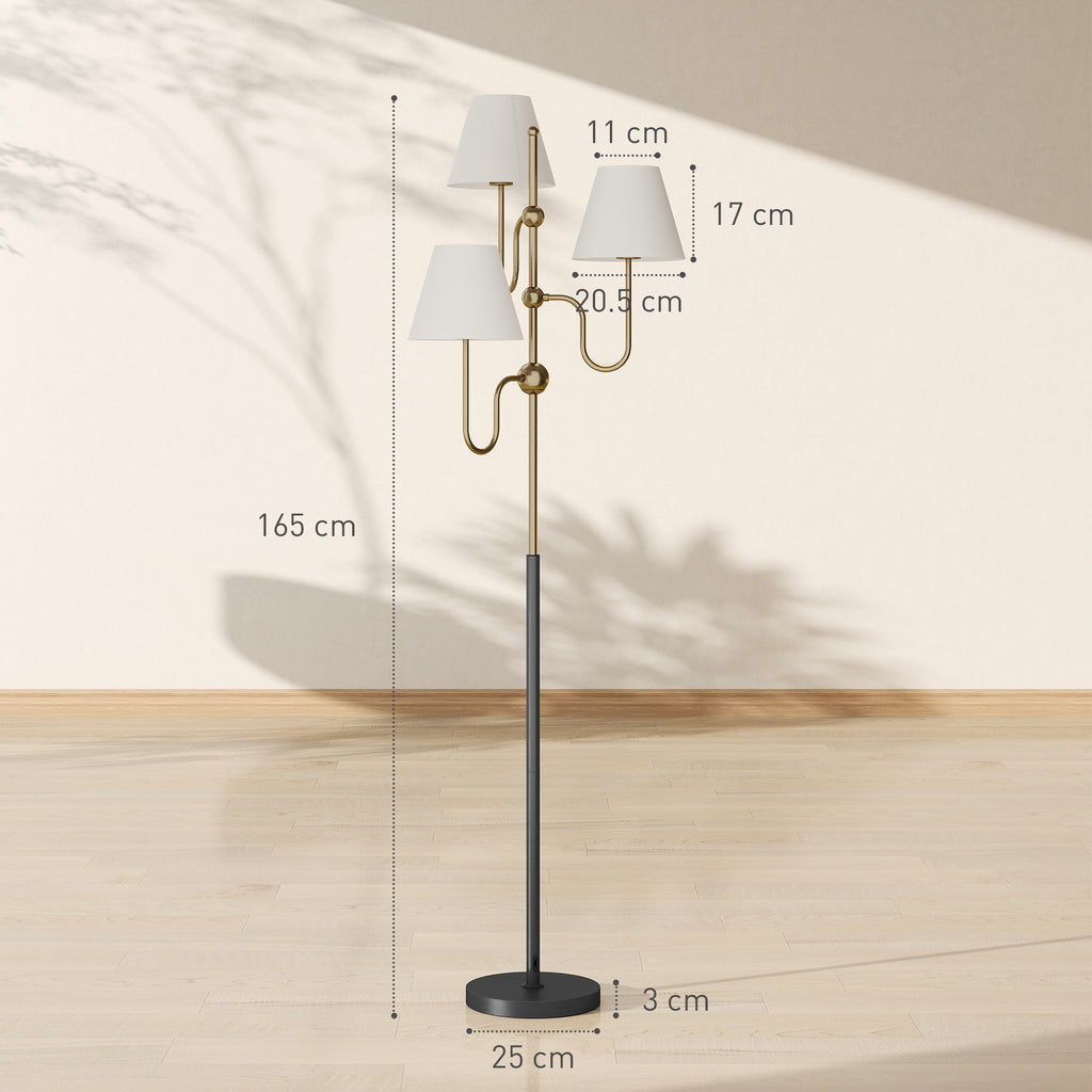 165cm High Floor Lamp with 3 Light Points and Foot Switch, E27 Socket Max 40W, Gold