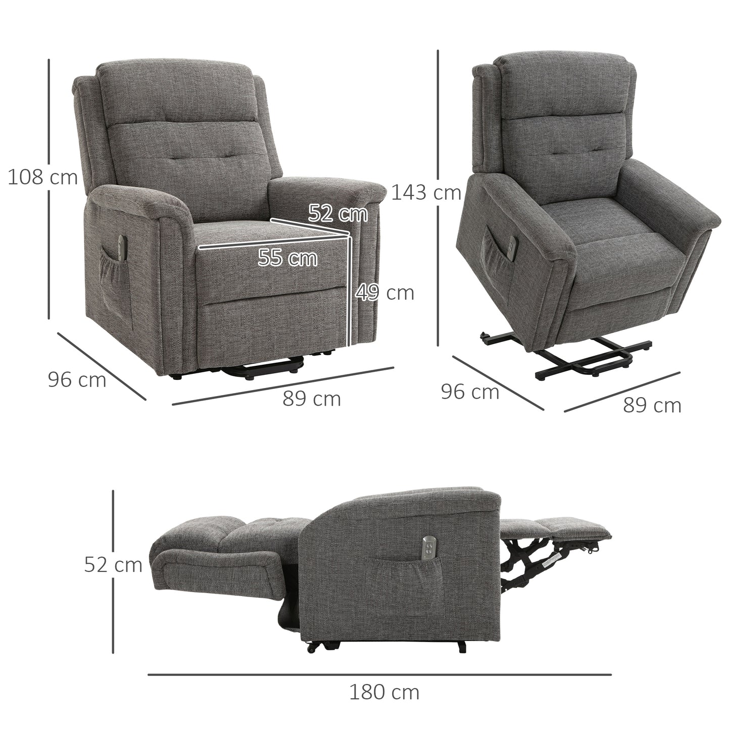 Lifting Reclining Relax Chair with Footrest, Grey Fabric Upholstery