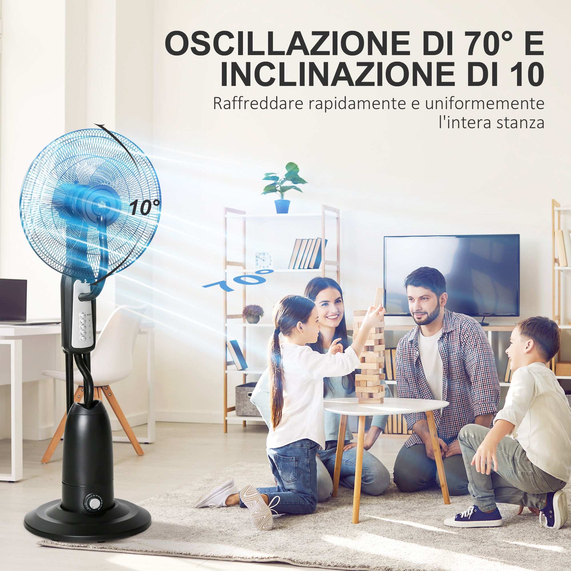 HOMCOM 90W Nebulizer Fan with 4 Wheels with 2.8L Tank and 4 Speeds, in Metal, PE and ABS, 44.5x38.5x120 cm - Borgè