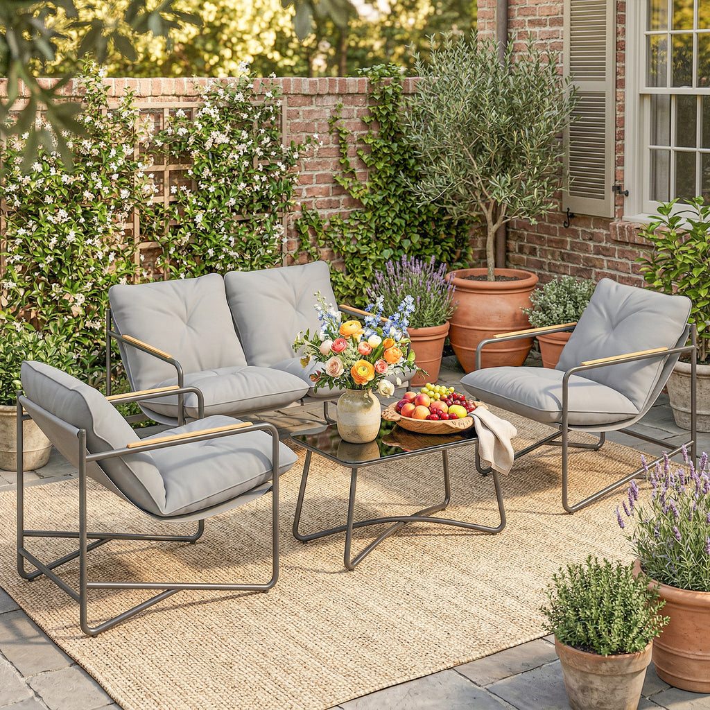 Outsunny 4-Seater Garden Lounge Set with 2-Seater Sofa and 2 Armchairs with Cushions, Light Grey