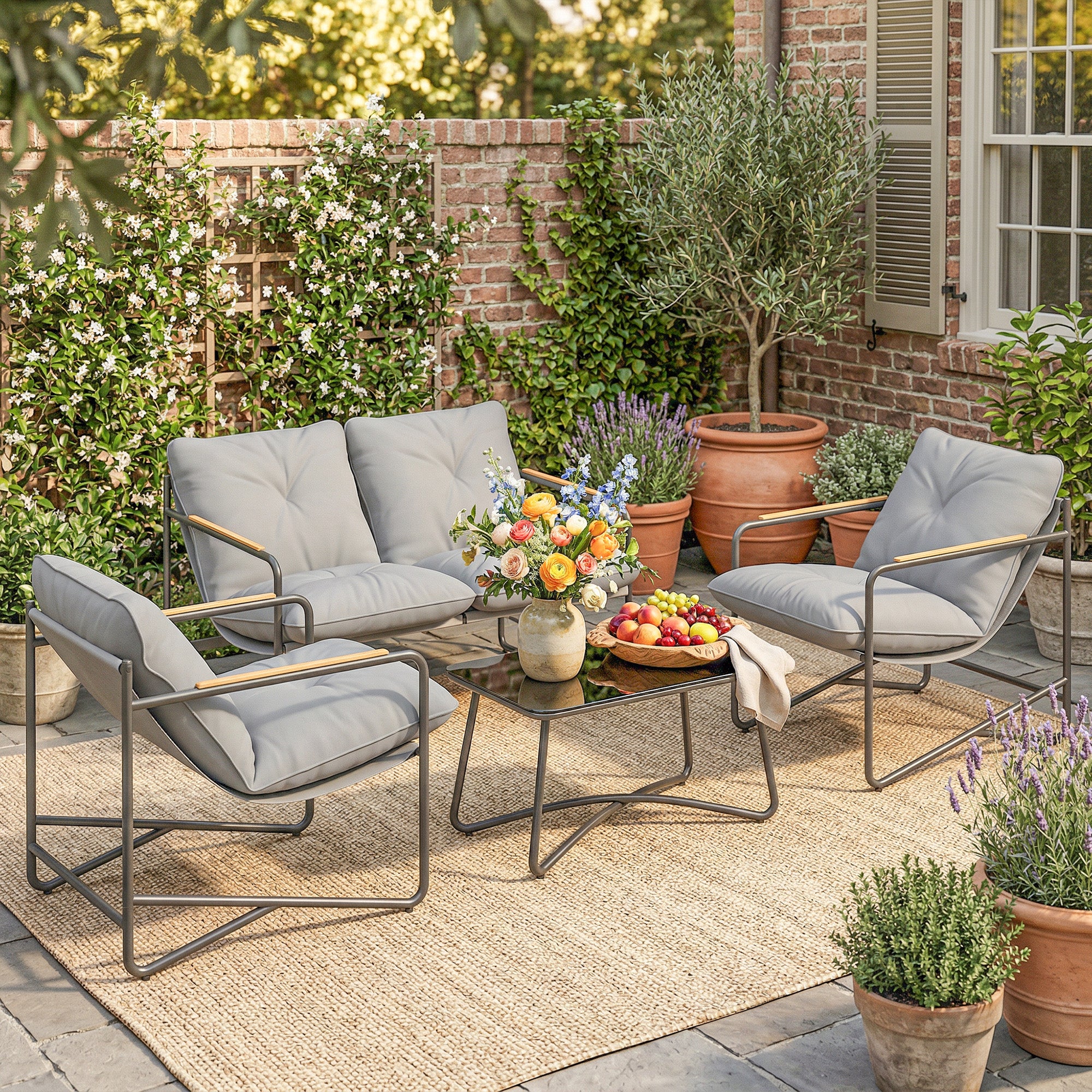 Outsunny 4-Seater Garden Lounge Set with 2-Seater Sofa and 2 Armchairs with Cushions, Light Grey