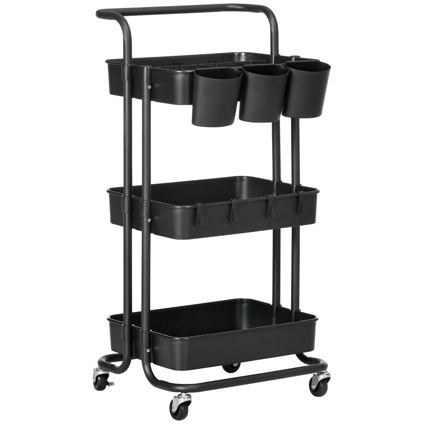 Multipurpose Kitchen Cart with Removable Baskets and Hooks, Shelf with 12 Dividers, Black