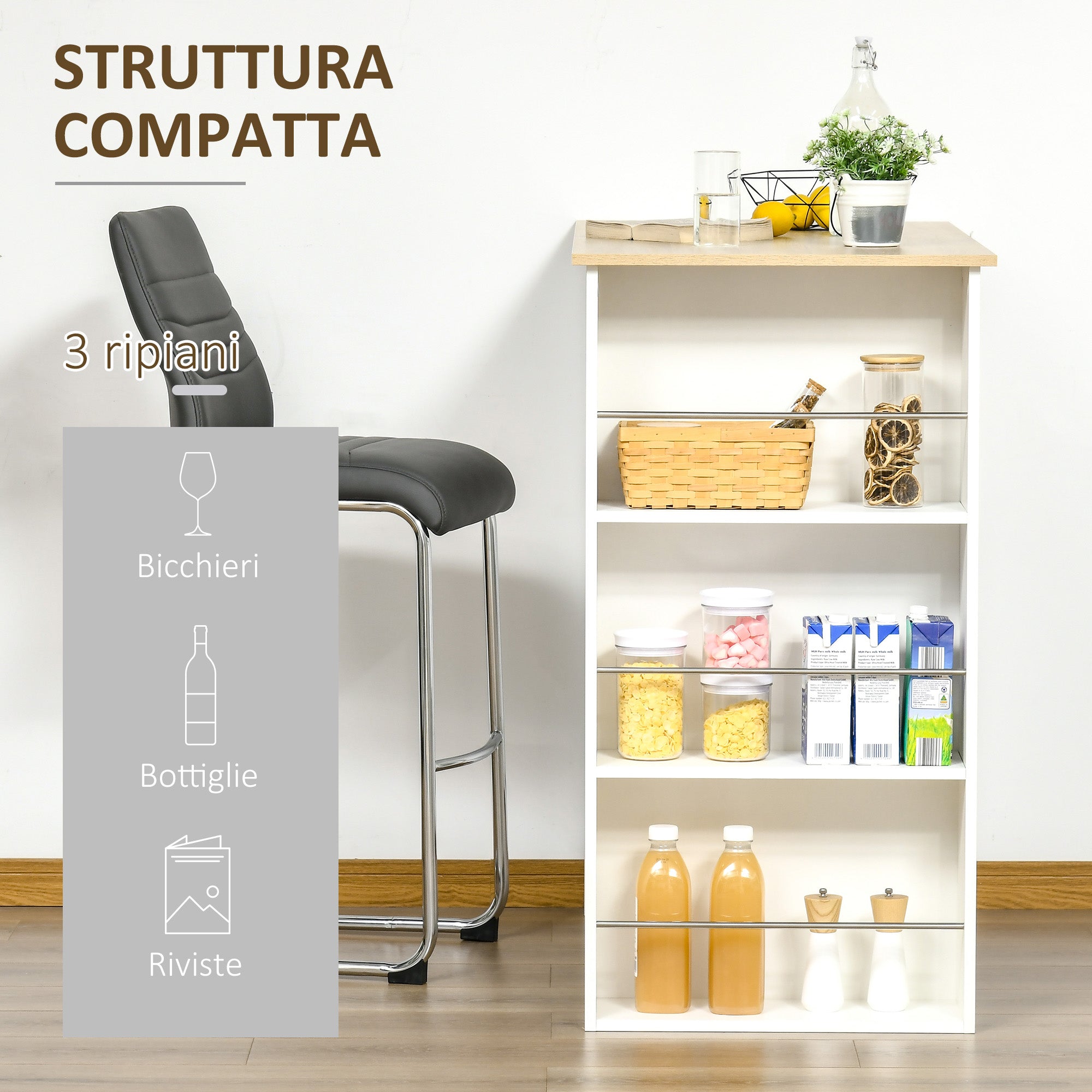 Bar Table with 3 Shelves and Protective Bars, in Steel and Chipboard, 112x57x106 cm, White