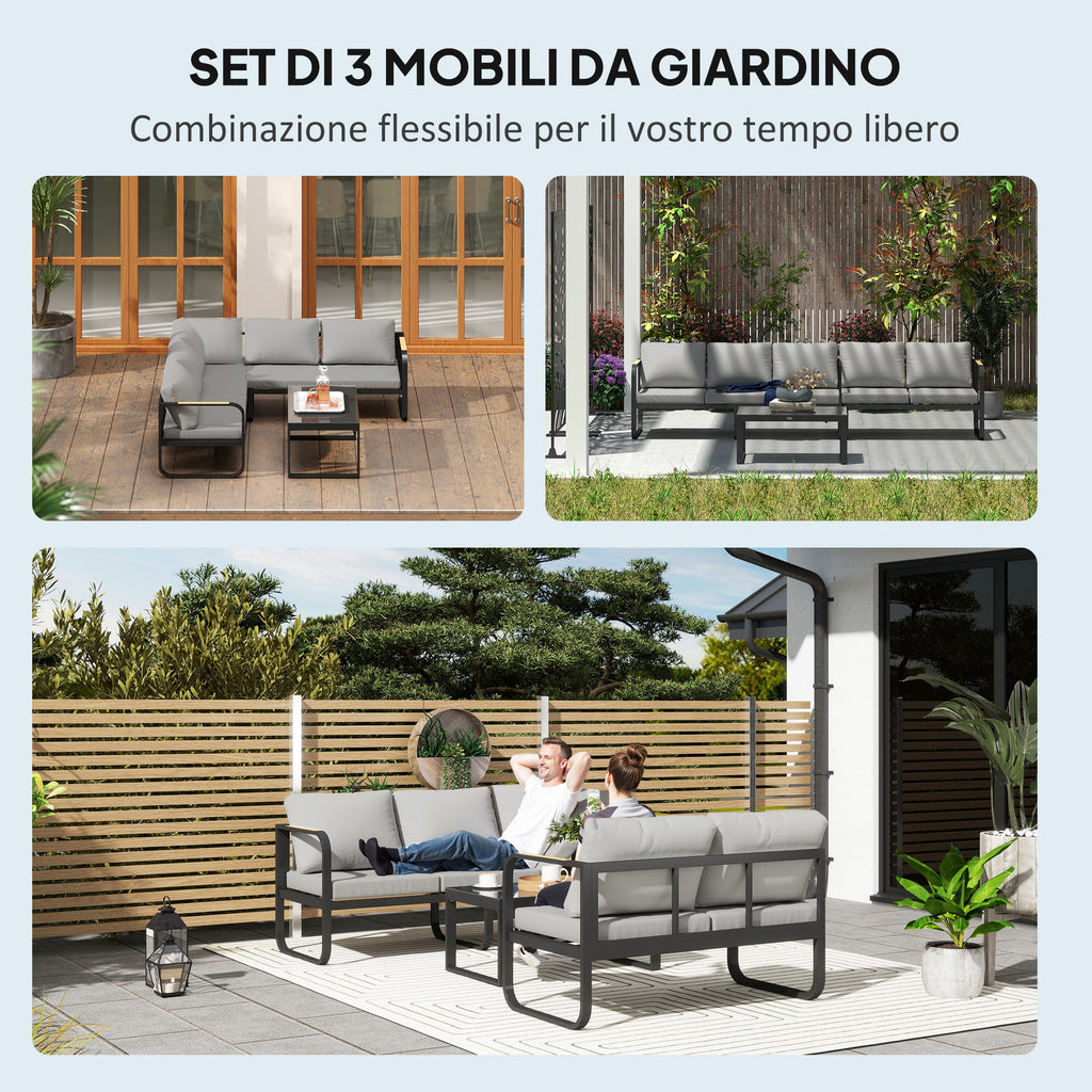 3-Piece Outdoor Set with 3-Seater Convertible Sofa, 2-Seater Sofa and Outdoor Coffee Table, Gray and Black
