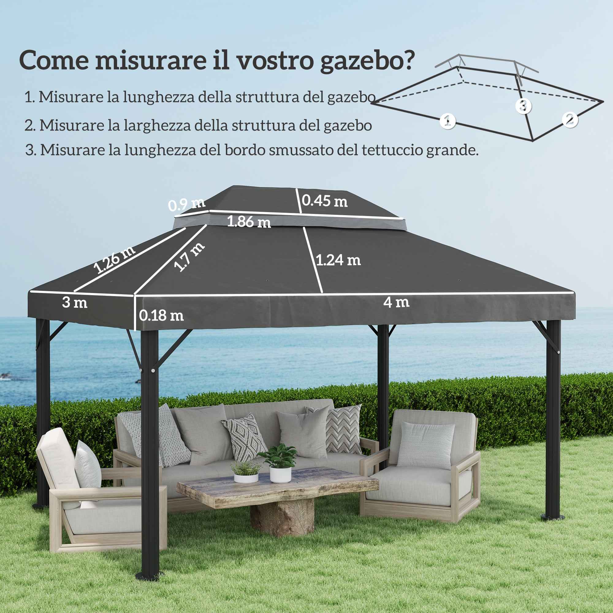 Outsunny 3x4m 2-Tier Garden Gazebo Cover in 600D Oxford Fabric with Drainage Holes, Dark Grey