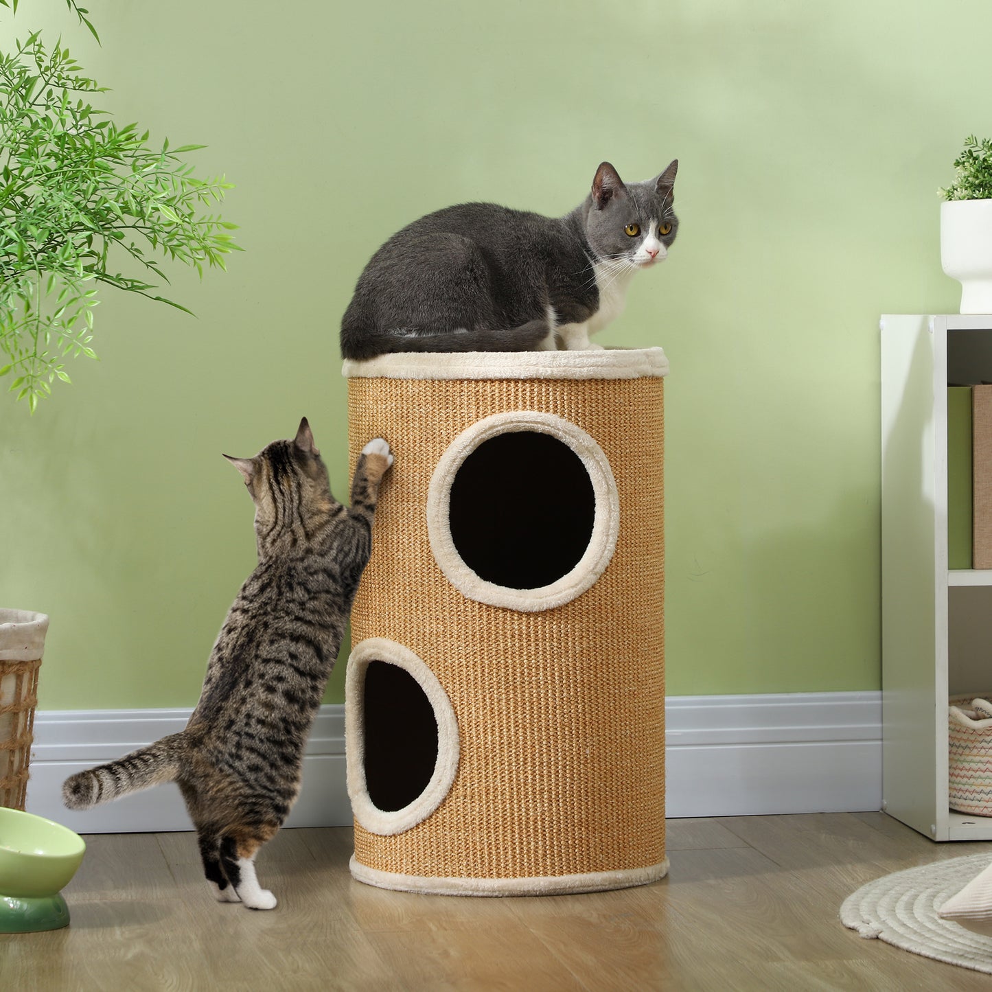 2-Tier Sisal Cat Scratching Tower with Plush Houses for 1-2 Cats, Brown