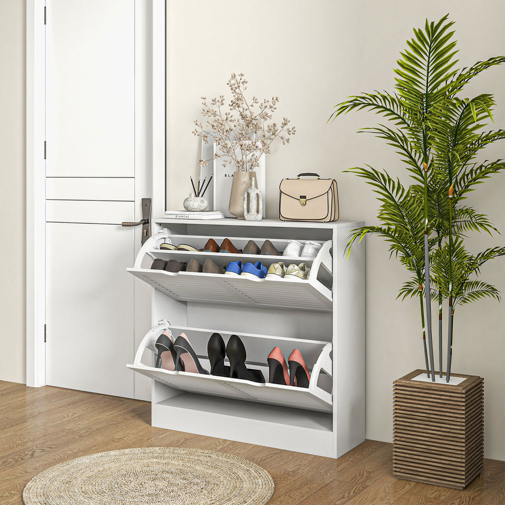 HOMCOM Mobile Space-Saving Wooden Shoe Rack for 16 Pairs of Shoes with 2 Flap Doors, 81.5x25x83cm, White - Borgè