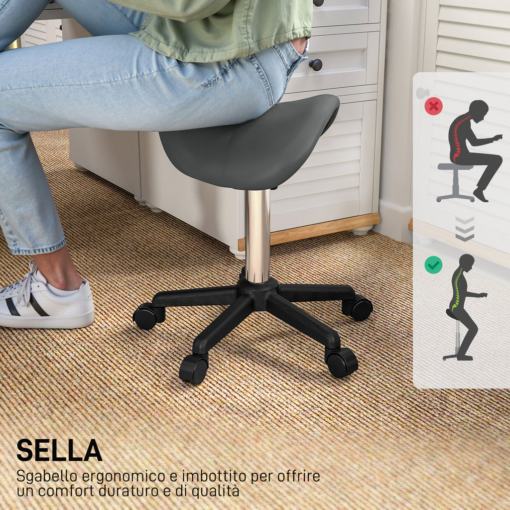 Swivel Saddle Stool with Wheels and Adjustable Height, Padded and Upholstered in Faux Leather, Grey