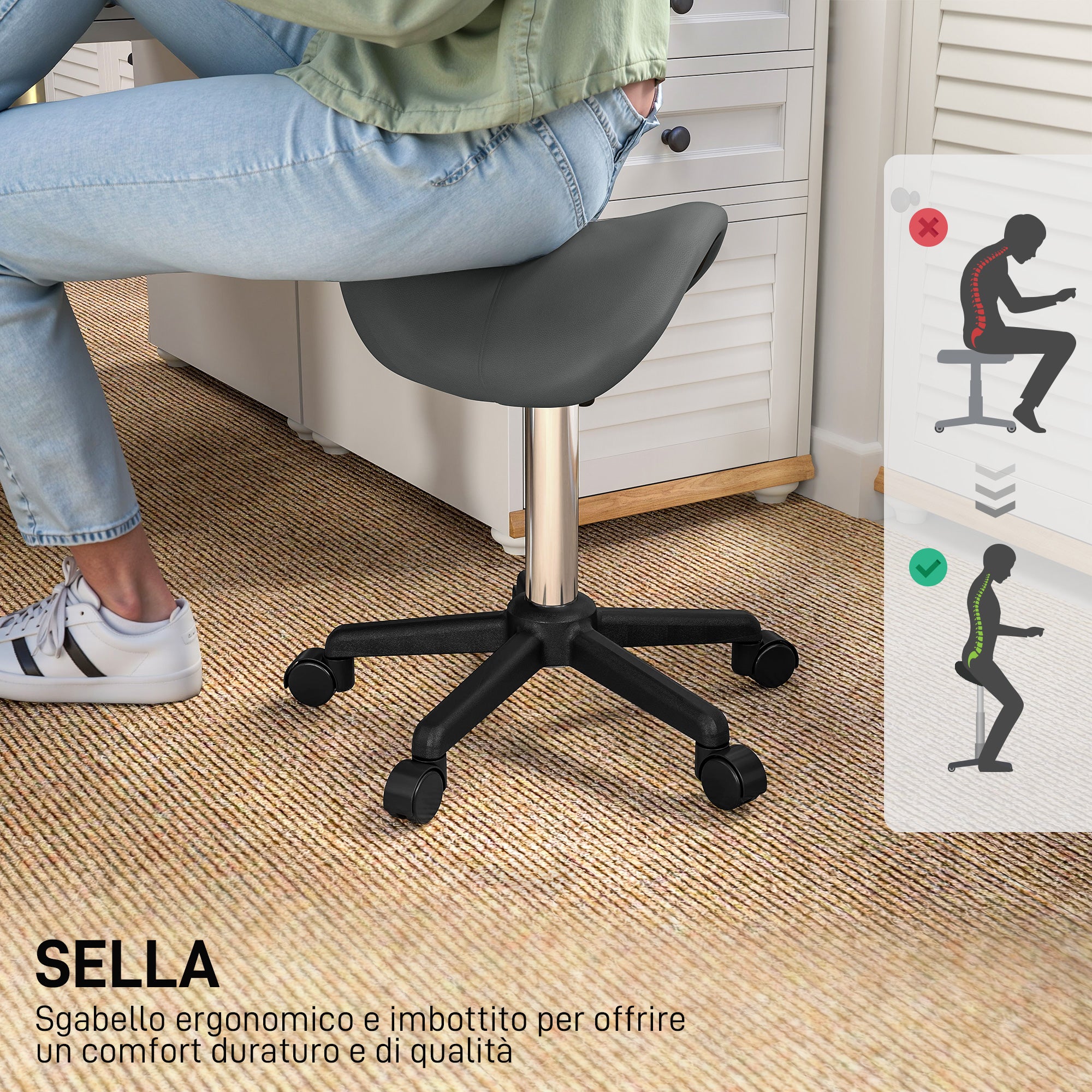 Swivel Saddle Stool with Wheels and Adjustable Height, Padded and Upholstered in Faux Leather, Grey