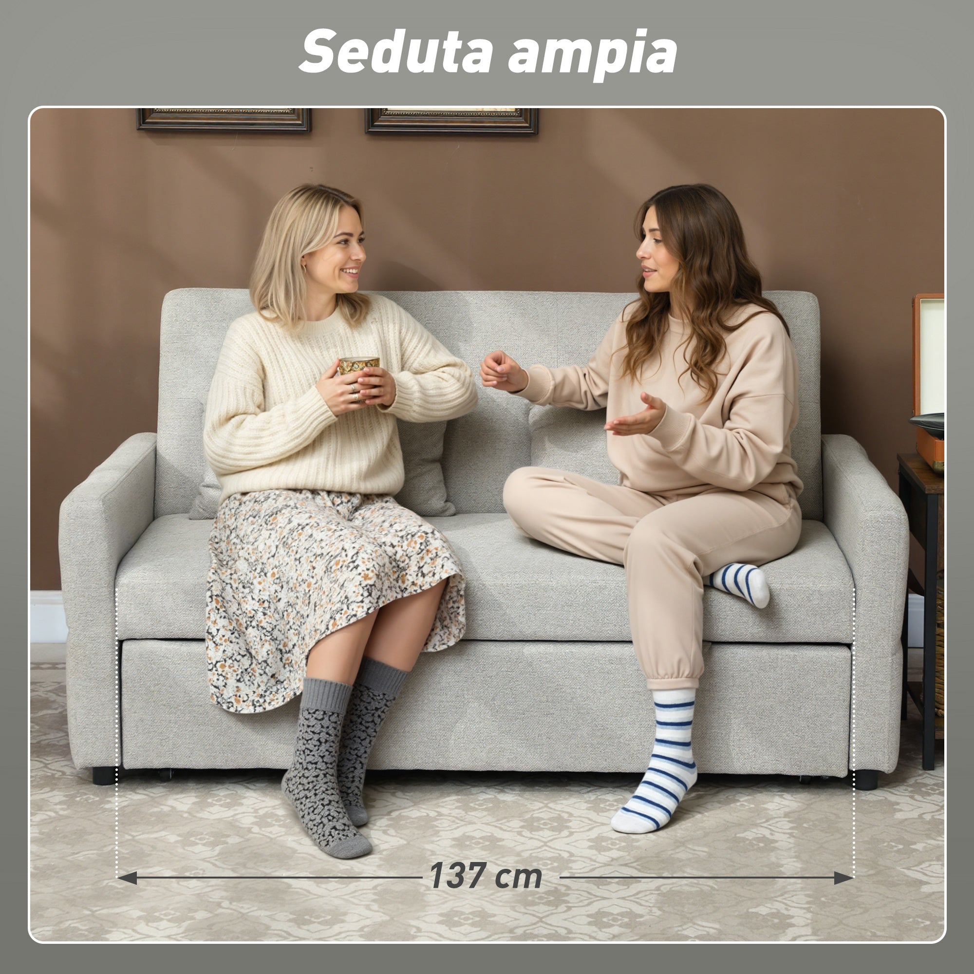 2-Seater Sofa Bed with 2 Fabric Cushions, Light Brown