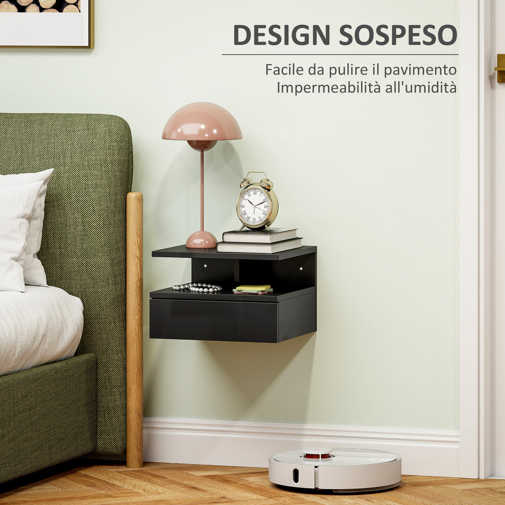 Floating Nightstand for Bedroom with Drawer and Open Shelf in Wood, 35x32x22.5 cm, Glossy Black