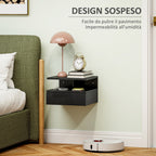 Floating Nightstand for Bedroom with Drawer and Open Shelf in Wood, 35x32x22.5 cm, Glossy Black