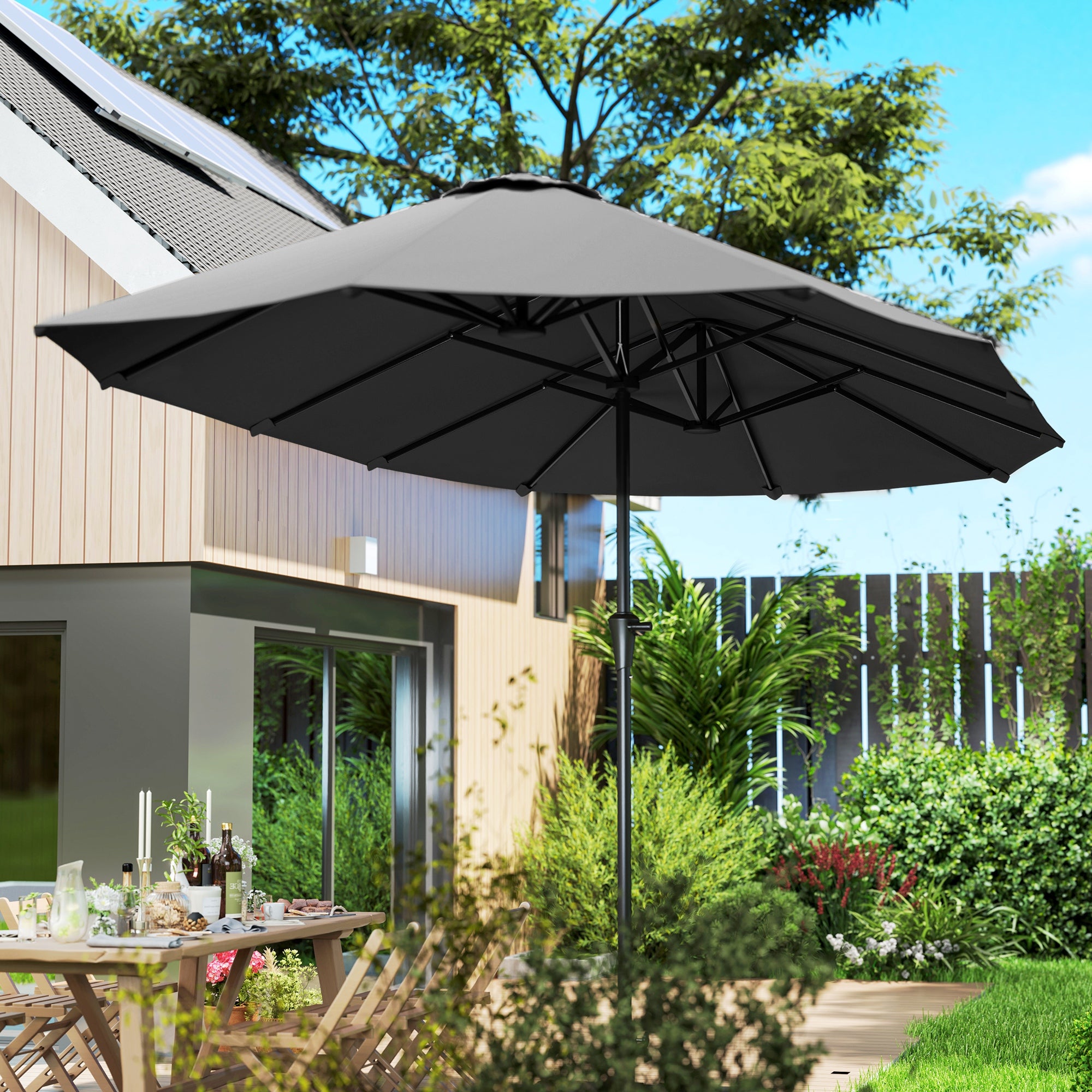 Double Umbrella with Air Vents and Crank, in Metal and Polyester, 4x2.2x2.34 m, Black and Dark Gray