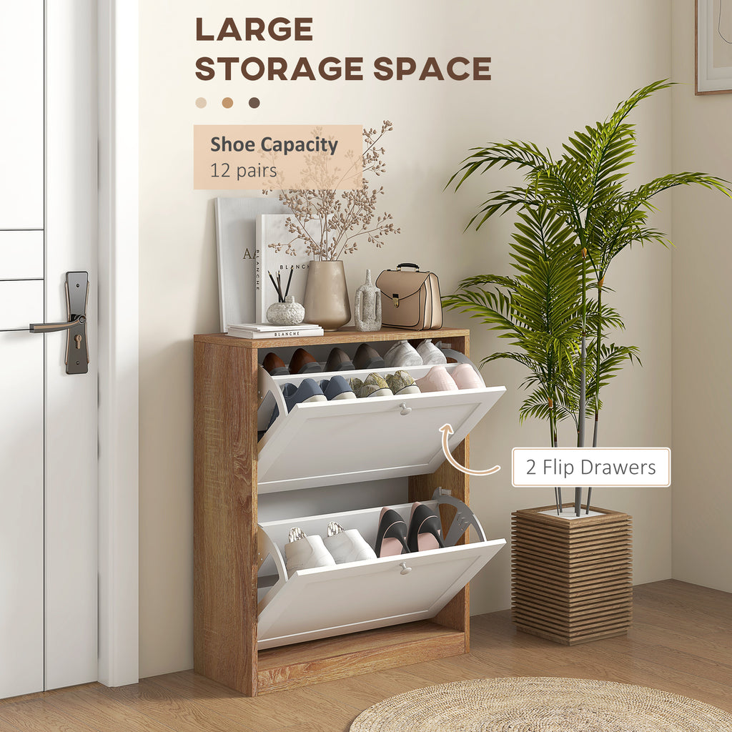 HOMCOM Slim Shoe Rack with 3 Adjustable Shelves at 2 Levels for 12 Pairs, in Chipboard and MDF, 60x24.5x75.5 cm - Borgè