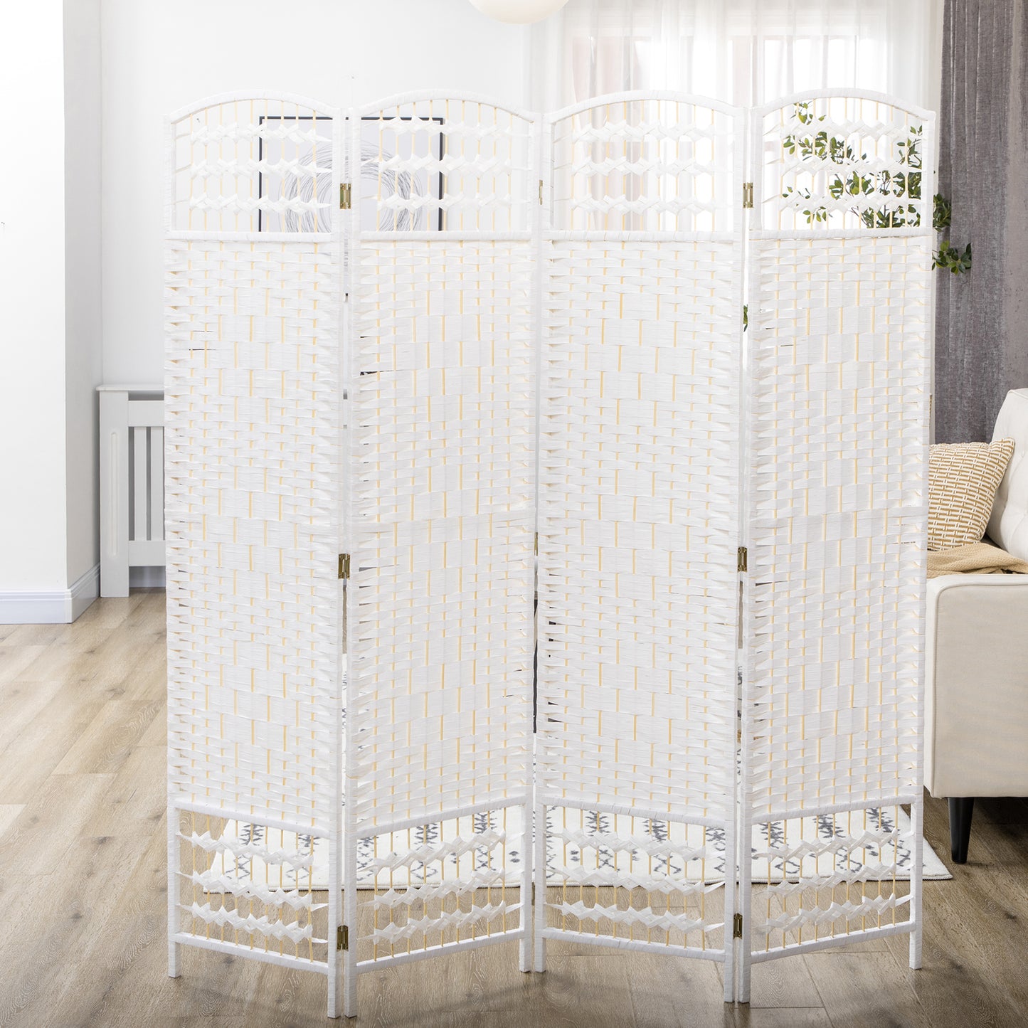 4-Panel Folding Screen for Indoors, Freestanding and Woven, 160x170 cm, White