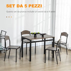 Dining Set: 5 Piece Dining Set with 1 Rectangular Table 100x63x76. 5 cm and 4 Chairs 45x40x82 cm, in Steel and MDF - Borgè