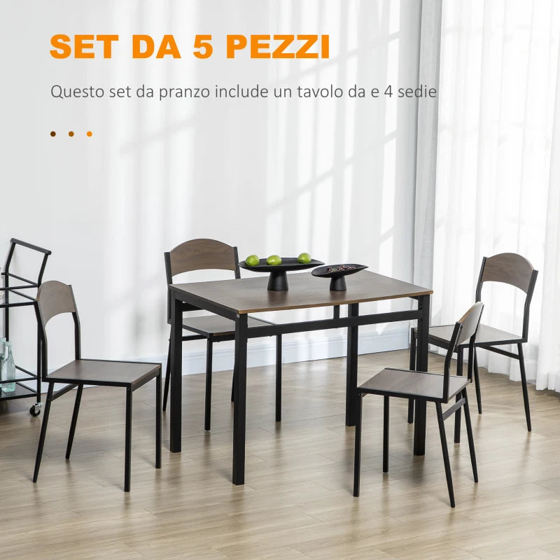 Dining Set: 5 Piece Dining Set with 1 Rectangular Table 100x63x76. 5 cm and 4 Chairs 45x40x82 cm, in Steel and MDF - Borgè