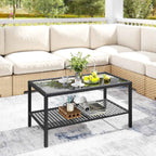 Outsunny 2-Tier Coffee Table with Tempered Glass Top and Shelf, Steel and Rattan, 92x50x45 cm, Black