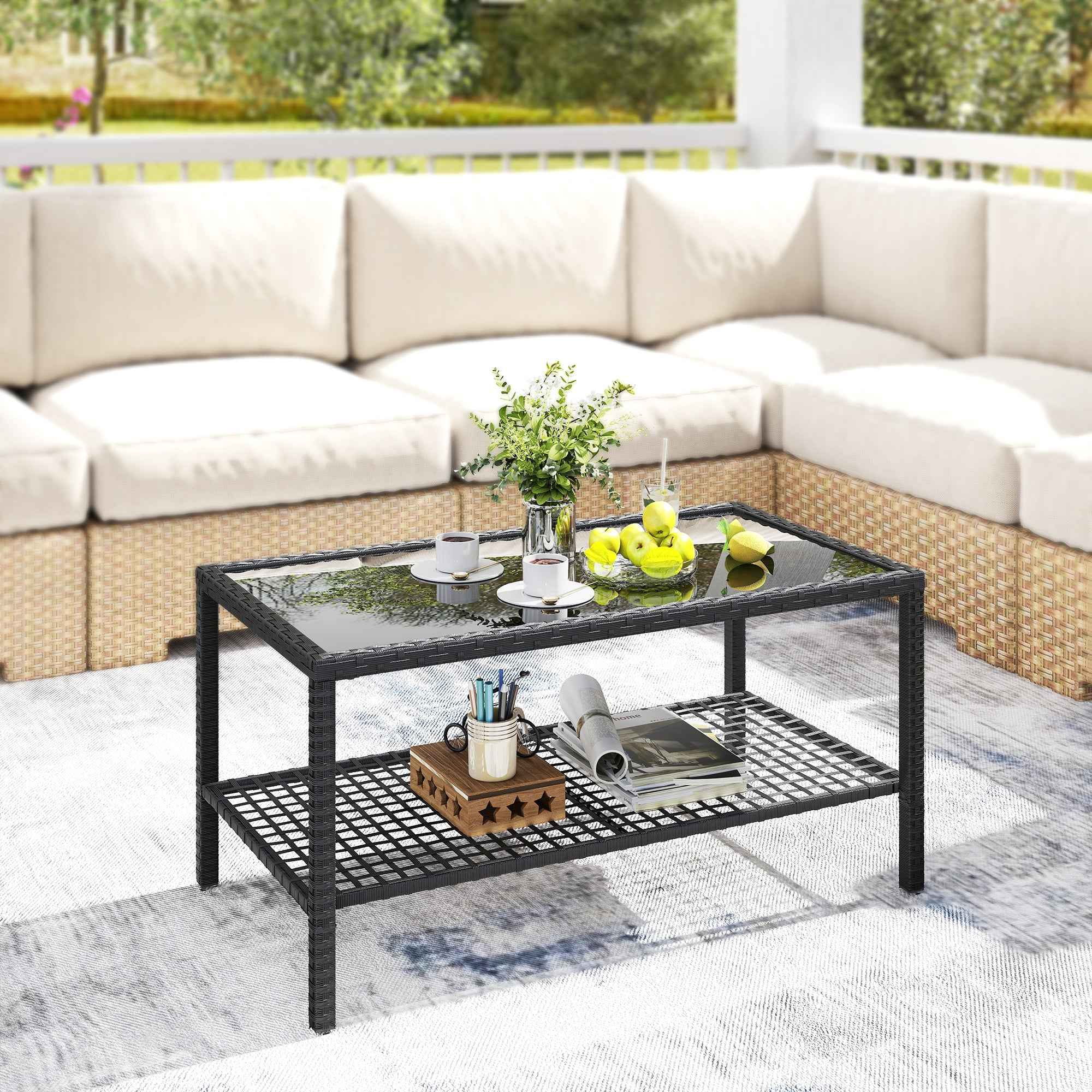 Outsunny 2-Tier Coffee Table with Tempered Glass Top and Shelf, Steel and Rattan, 92x50x45 cm, Black