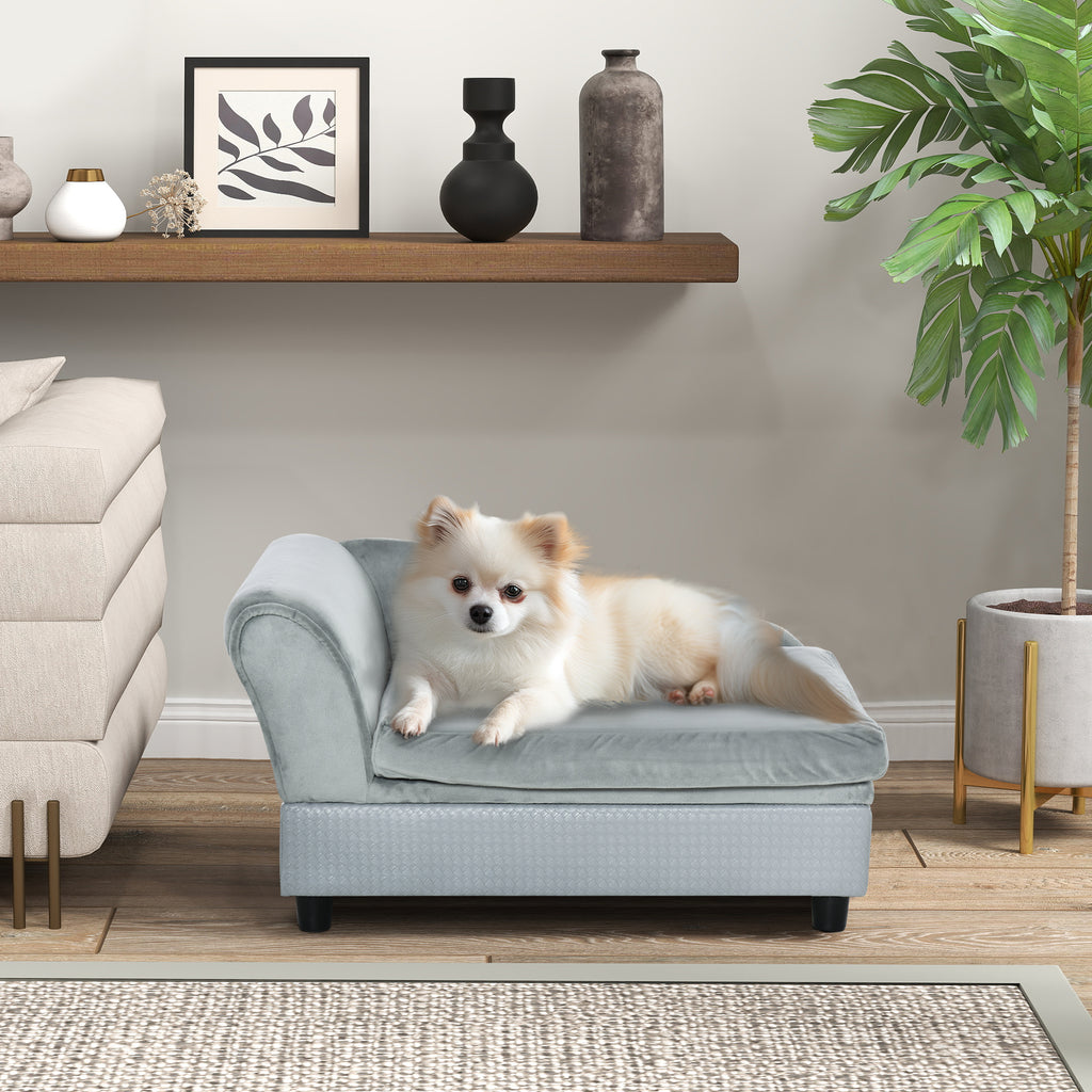Dog Sofa with Storage and Cushion, Wood and Polyester, 76x45x43 cm, Light Grey