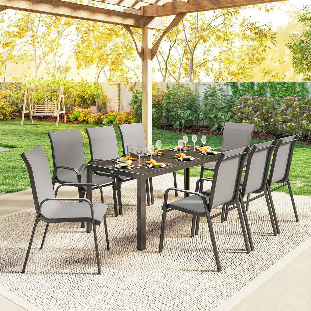 Outsunny 9-Piece Outdoor Set with 8 Stackable Texteline Chairs and Glass-Top Coffee Table, Light Grey