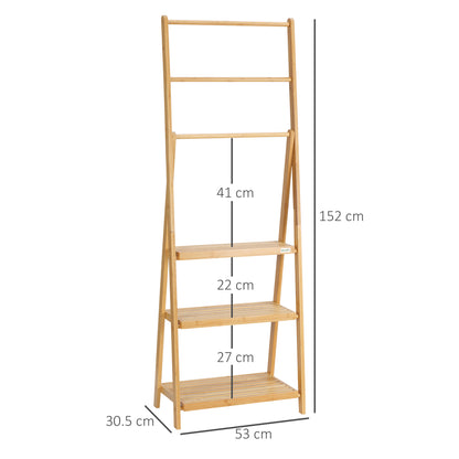 Multipurpose Folding Bathroom Towel Rack with 3 Bars and 3 Shelves, 53x30.5x152 cm, Natural Wood