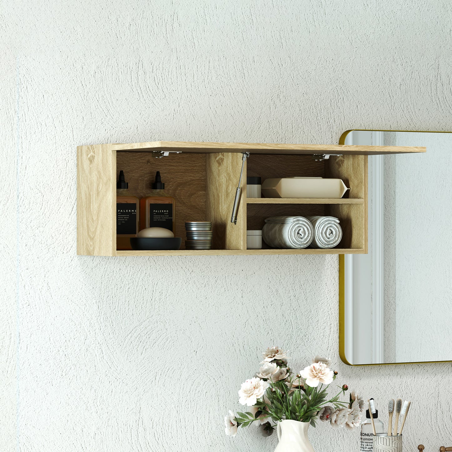 Wall Mounted Bathroom Cabinet with Flap Door and Shelves, 80x25x30 cm, Natural Wood