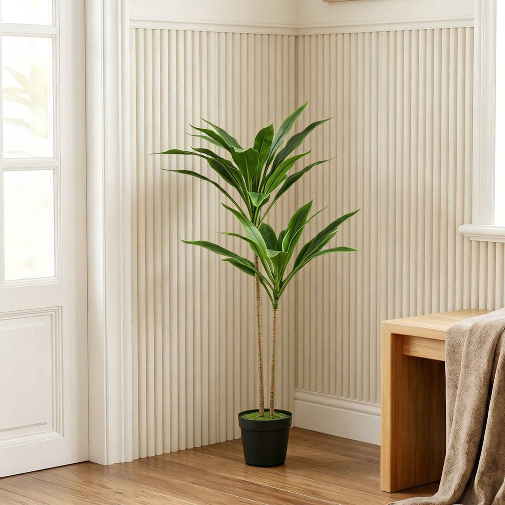 HOMCOM Artificial Cordylinea Plant with 29 PEVA Leaves, Black Pot Filled with Moss Effect Cement, Green