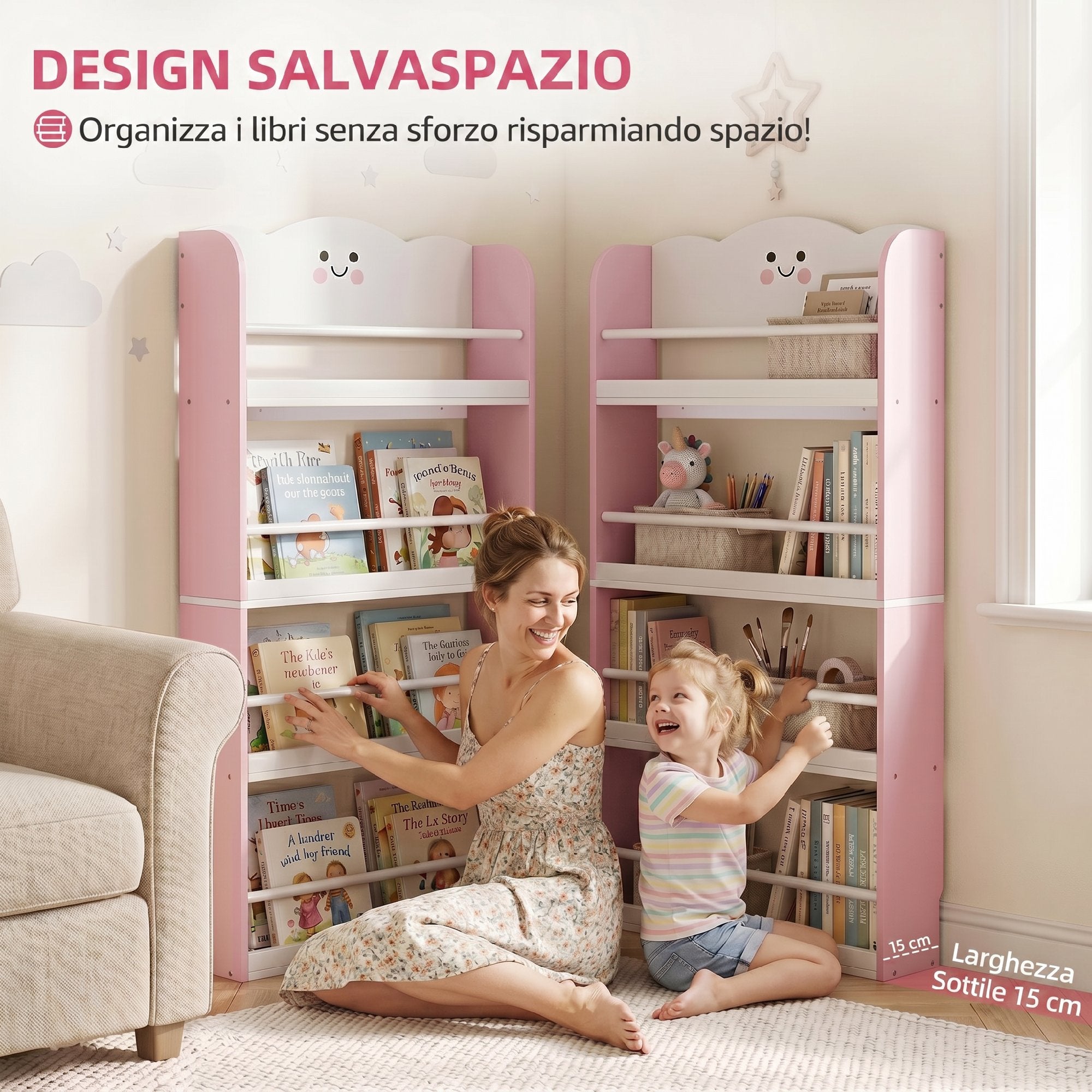 AIYAPLAY Montessori Bookshelf for Children Ages 3-6 with Cotton Candy Theme, 4 Wooden Shelves, for Children's Bedroom, Pink