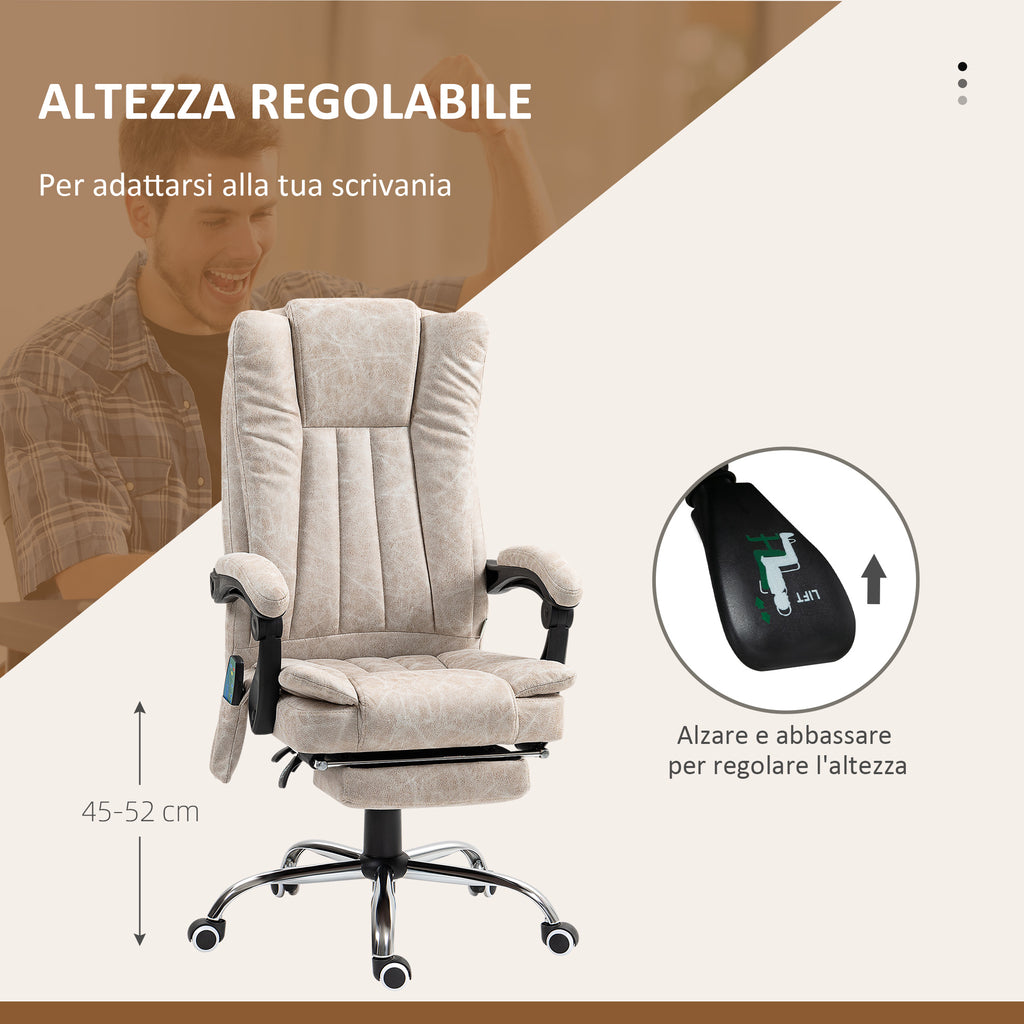 Massage and Heated Office Chair with Footrest, Microfiber, 62x70x113-120 cm, Cream