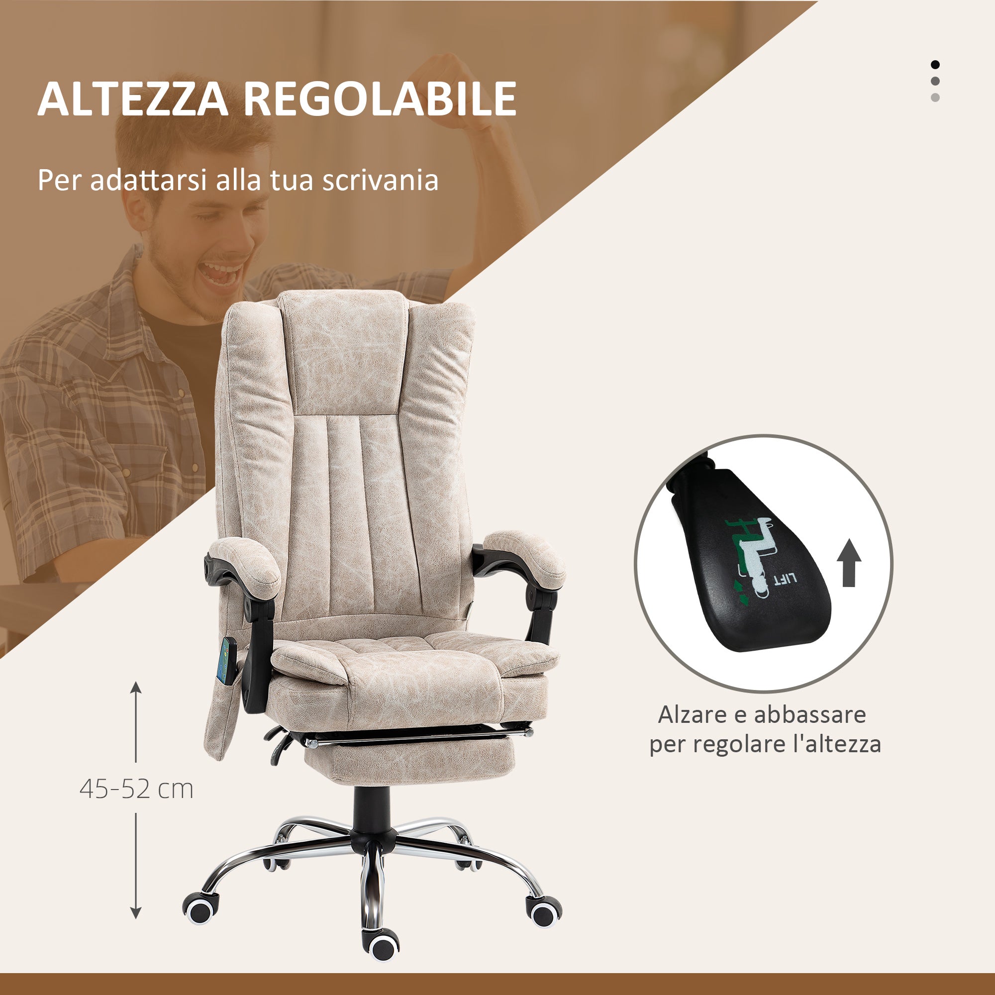 Massage and Heated Office Chair with Footrest, Microfiber, 62x70x113-120 cm, Cream