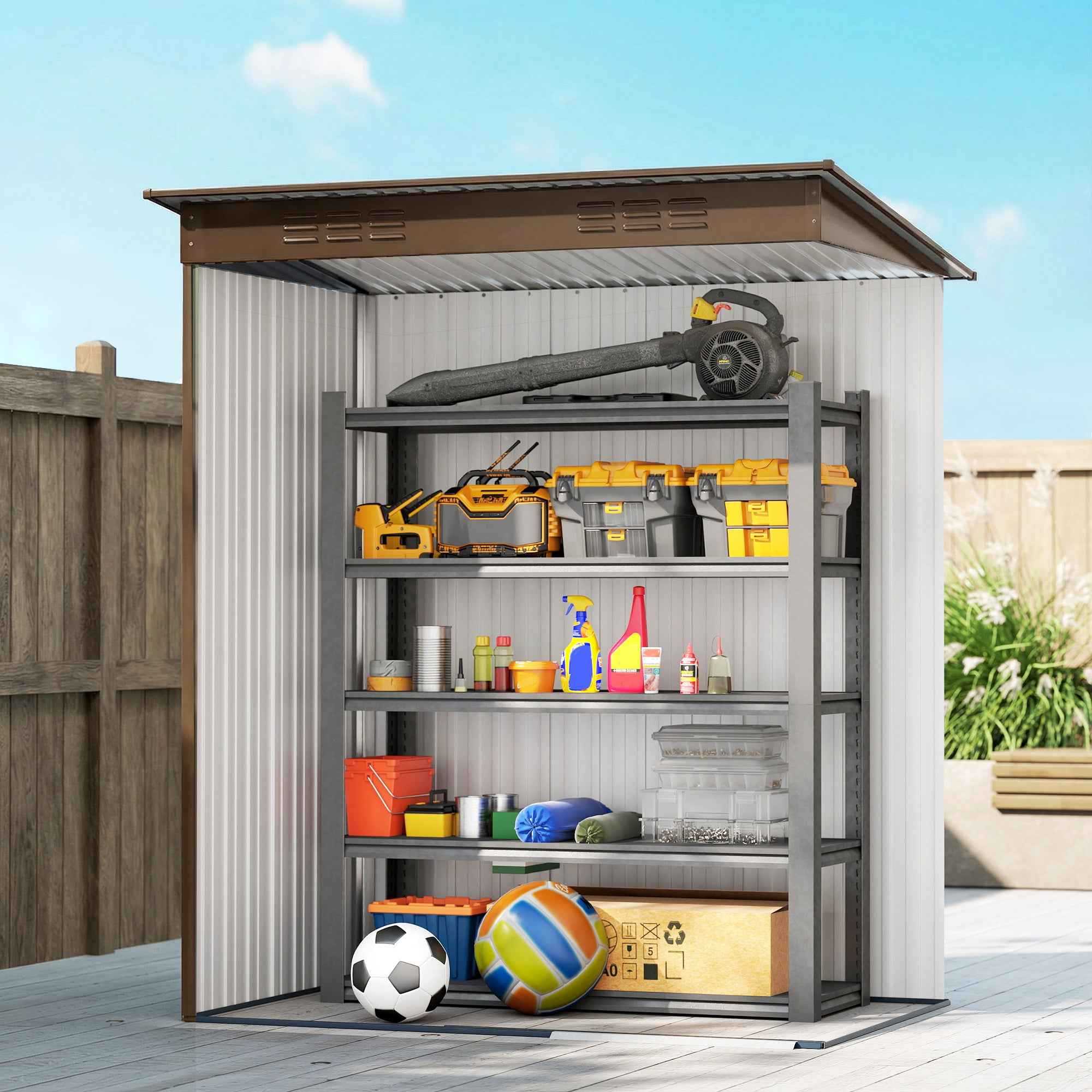 Outsunny Metal Garden Shed with Vents and Sliding Door, 159x106x181 cm, Brown