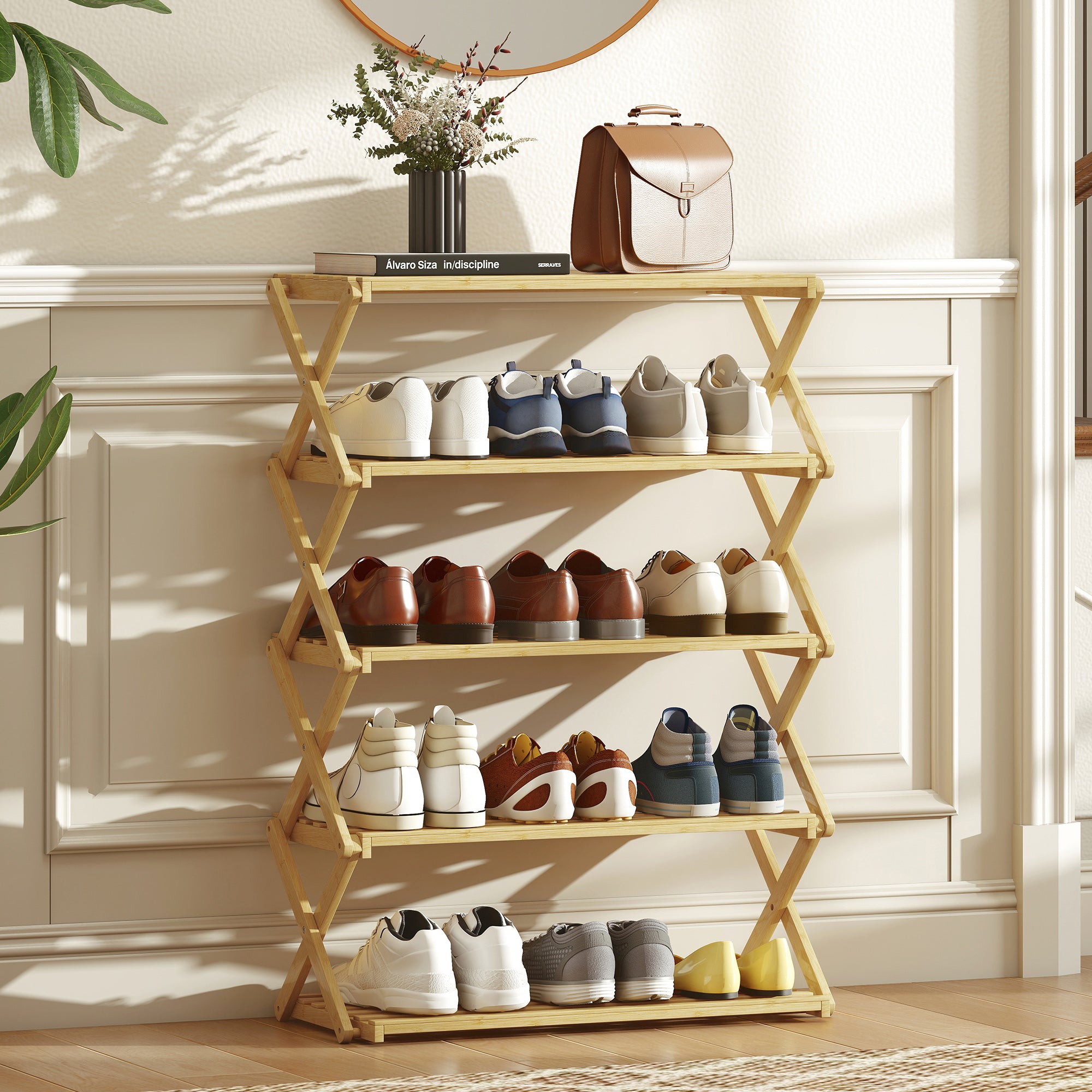 5-Tier Folding Shoe Rack, Ready-to-Use, Bamboo, 60x29x88 cm, Wood Color