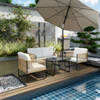 4 Piece Rattan and Steel Garden Set with Sofa, 2 Outdoor Armchairs and Low Table, Multicolor