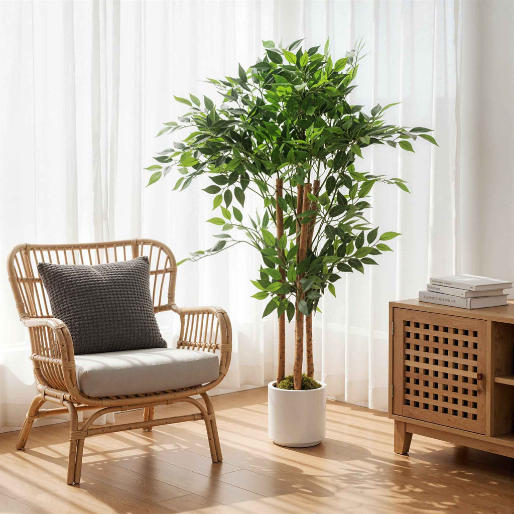 HOMCOM Artificial Green Banyan Tree Plant in PEVA and Wood with PP and Cement Container Pot, 55x55x120 cm