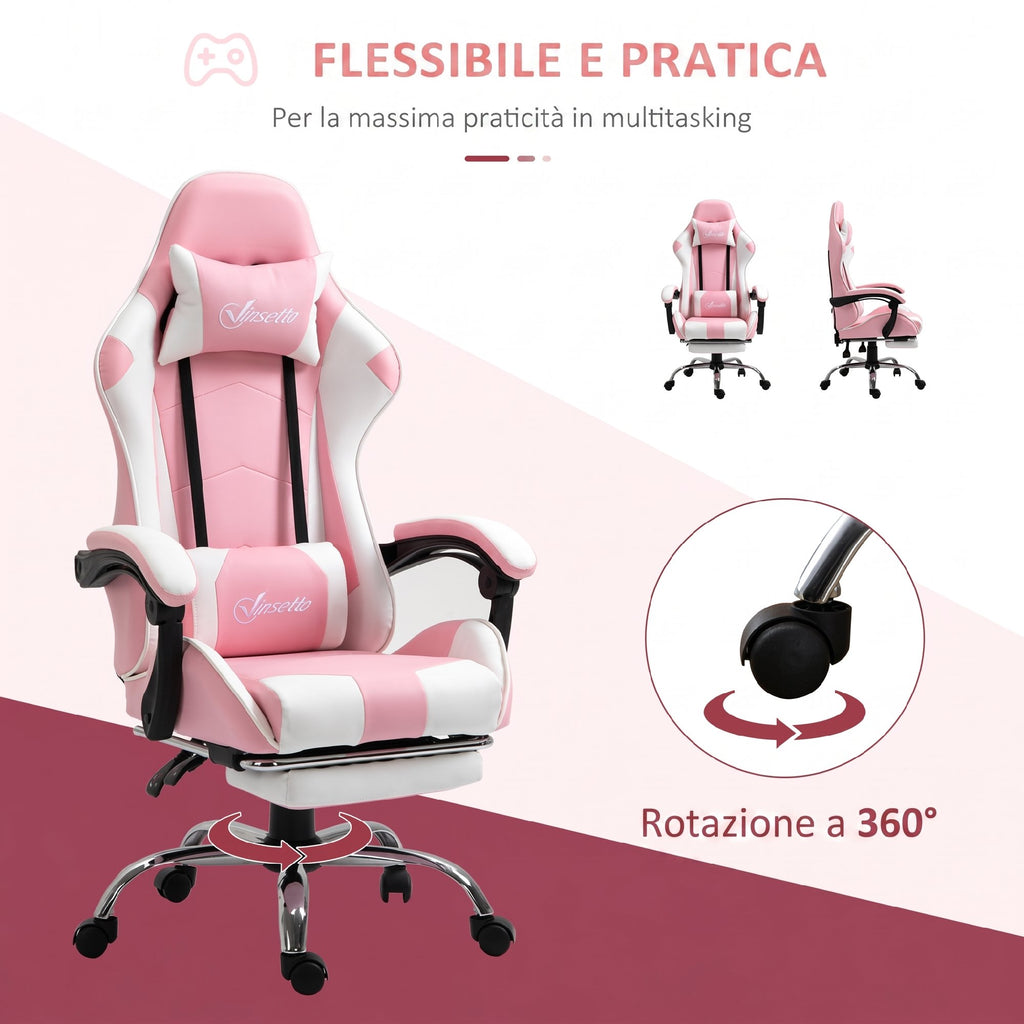 Vinsetto Ergonomic Reclining Gaming Chair with Headrest, Lumbar Cushion, Adjustable Height, Pink and White