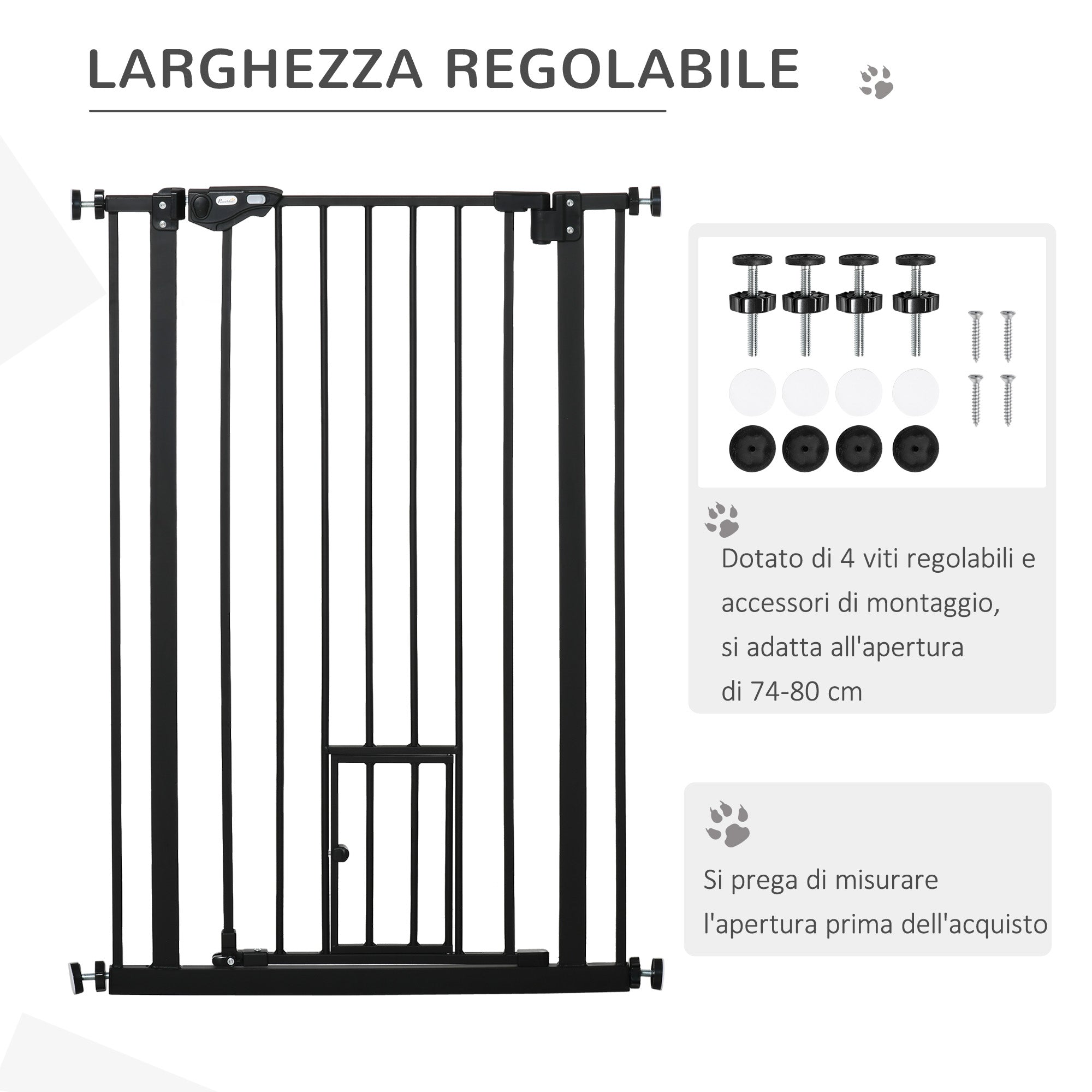 Adjustable Dog Gate with Small Door and Automatic Closure, 74-80x104cm, Black