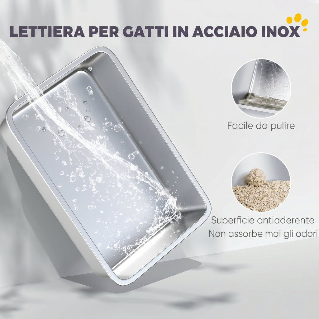 PawHut XL Stainless Steel Cat Litter Box with Scoop, High Sides, Leak-Proof, Odor-Resistant, Up to 7 kg, Grey
