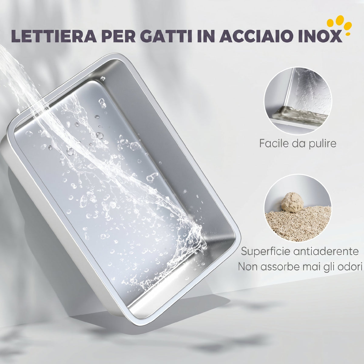 PawHut XL Stainless Steel Cat Litter Box with Scoop, High Sides, Leak-Proof, Odor-Resistant, Up to 7 kg, Grey