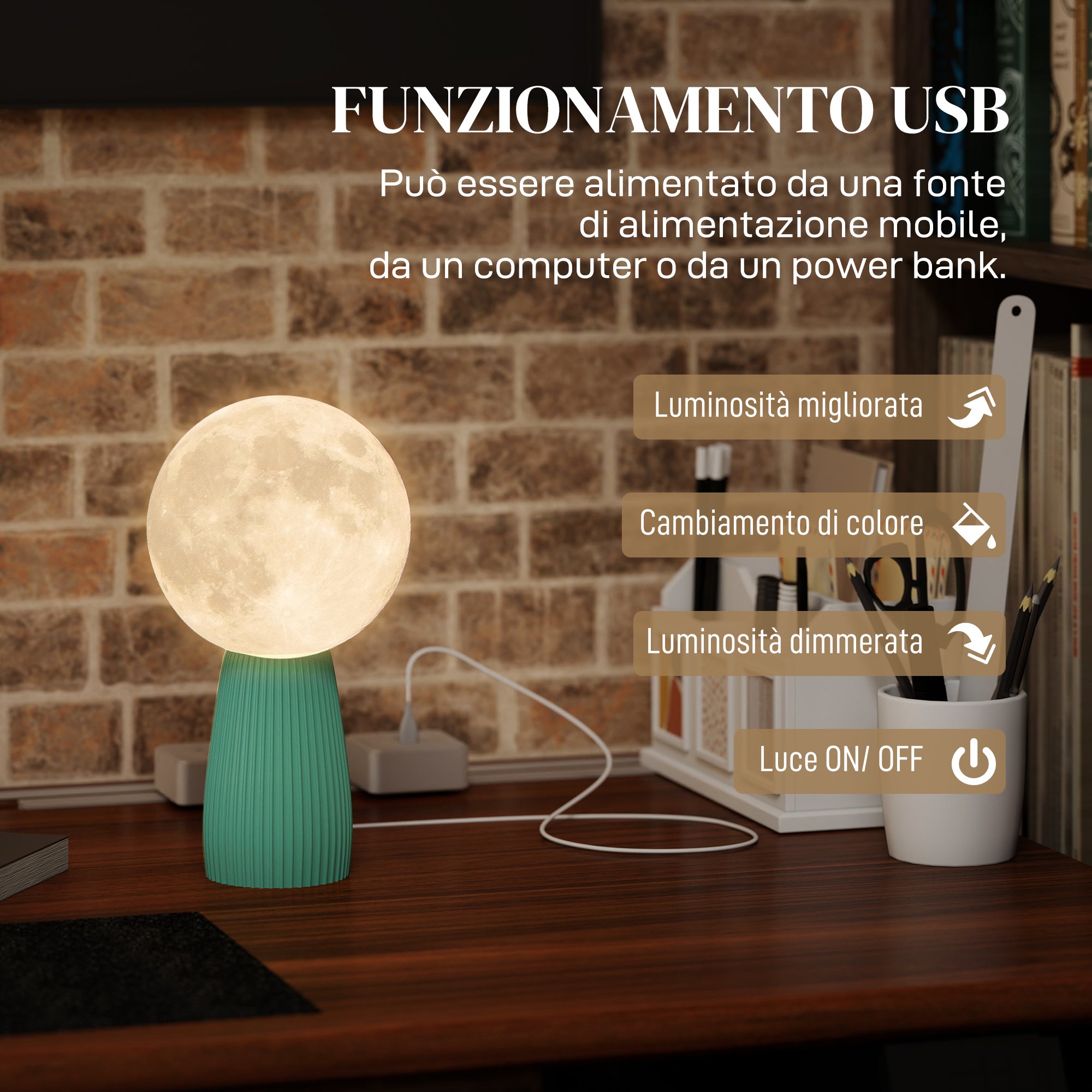 Moon-Shaped Table Lamp with 3 Colors and 10 Brightness Levels, ABS, Ø15x28 cm, White and Dark Green