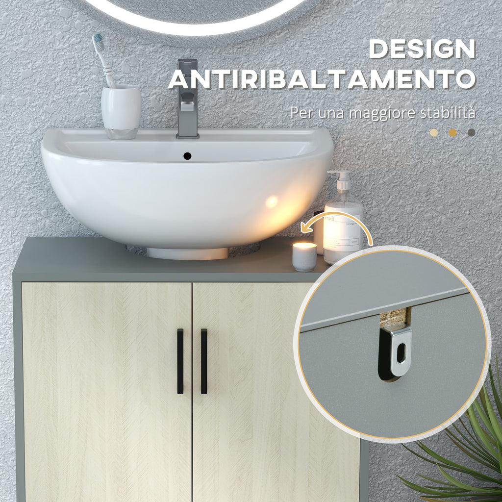 kleankin Bathroom Cabinet with Double Door and Chipboard Shelf, 60x30x60cm, Grey and Oak Color