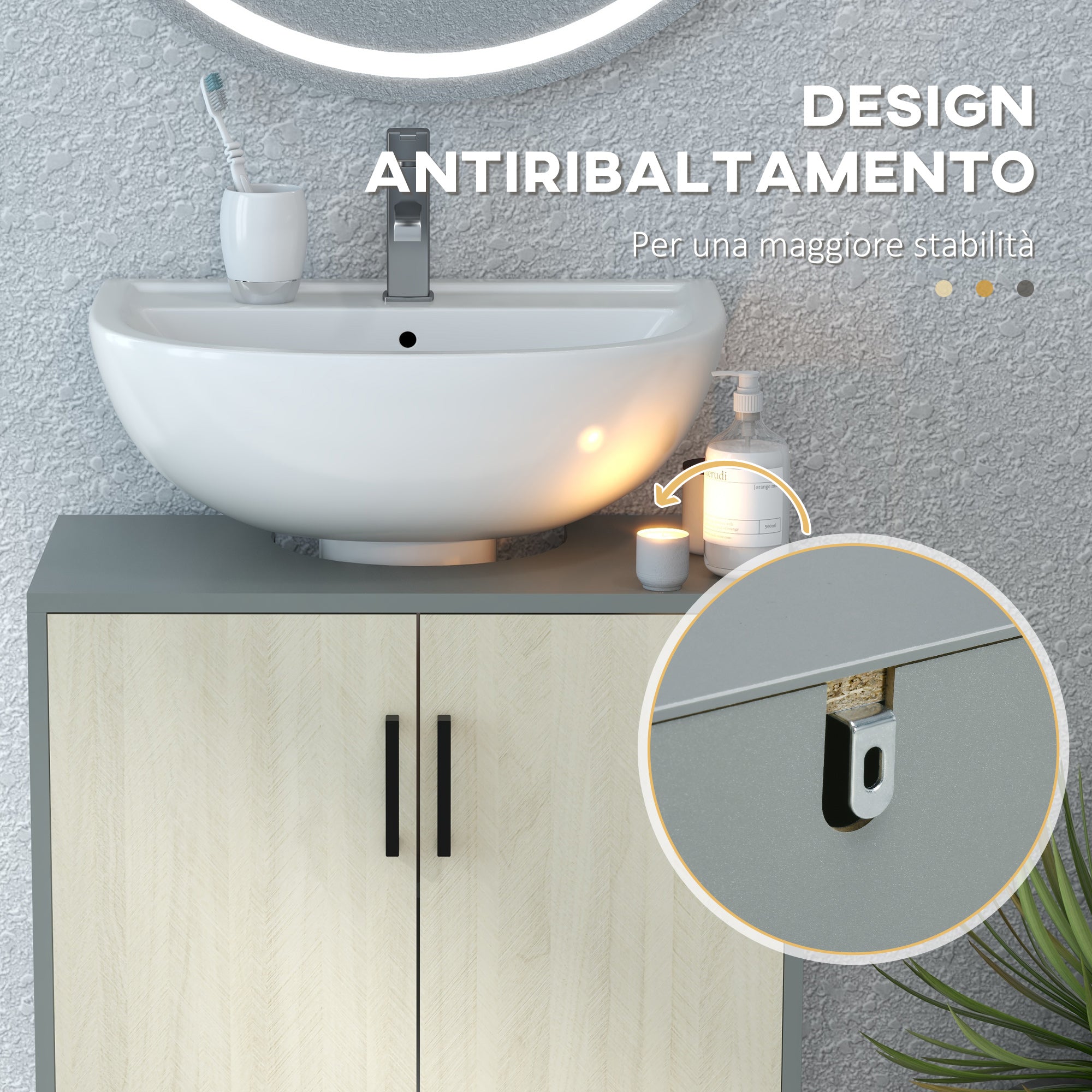 kleankin Bathroom Cabinet with Double Door and Chipboard Shelf, 60x30x60cm, Grey and Oak Color