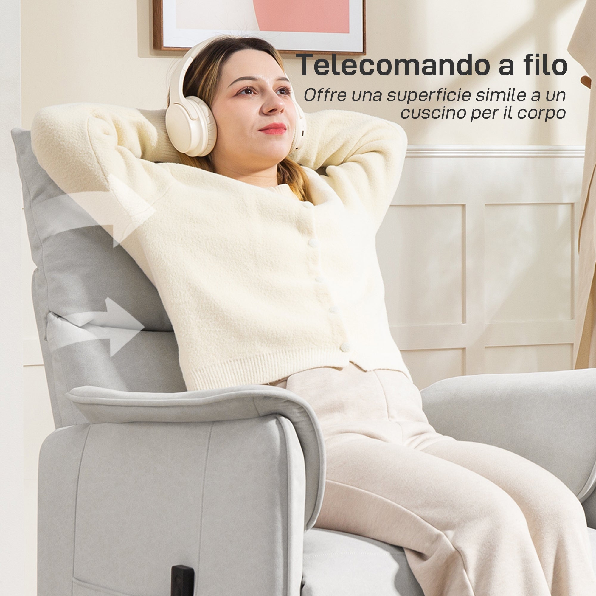 Electric Recliner Chair with Remote Control and Footrest, in Velvet Effect Fabric, 80x83x104 cm, Cream
