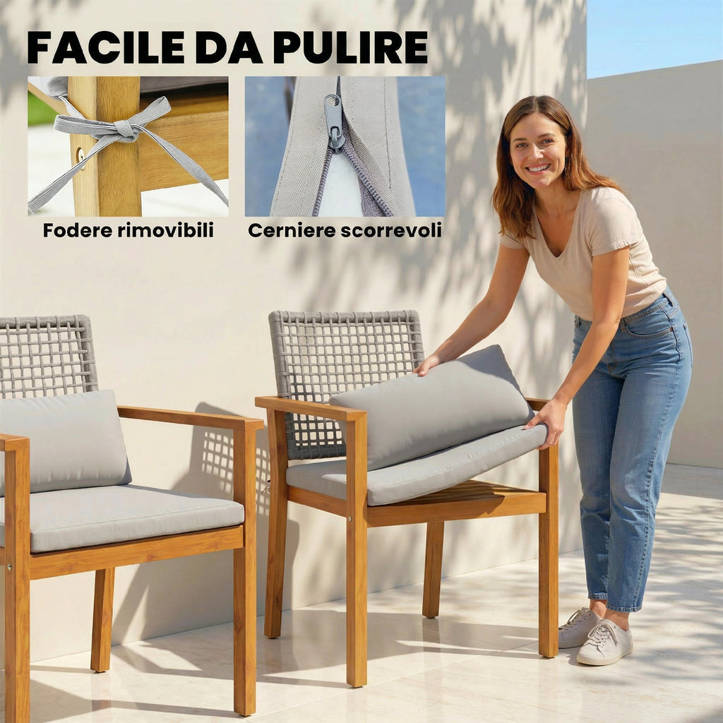Outsunny Set of 2 Acacia Wood Garden Chairs with Cushions, Natural Wood