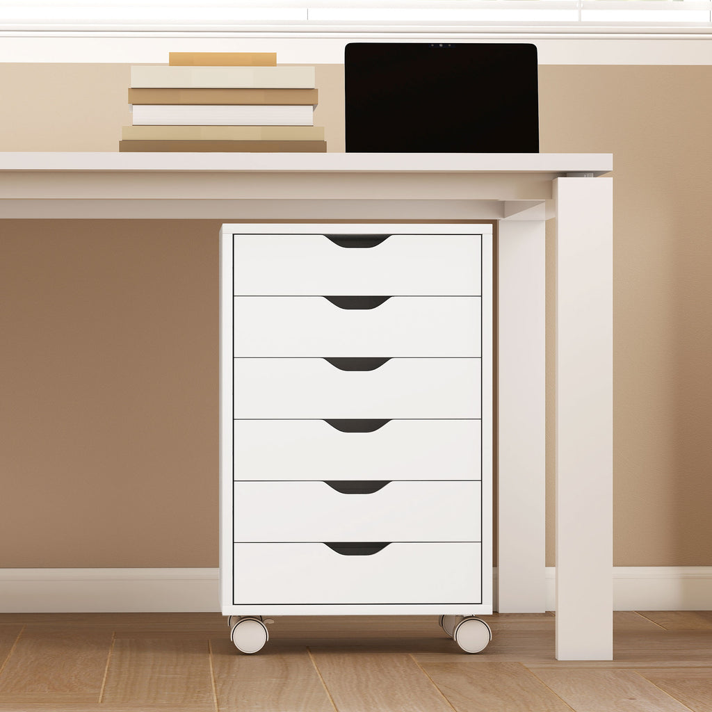 HOMCOM 6-Drawer Office Chest with 4 Wheels and Lock, 40x35x63 cm, White