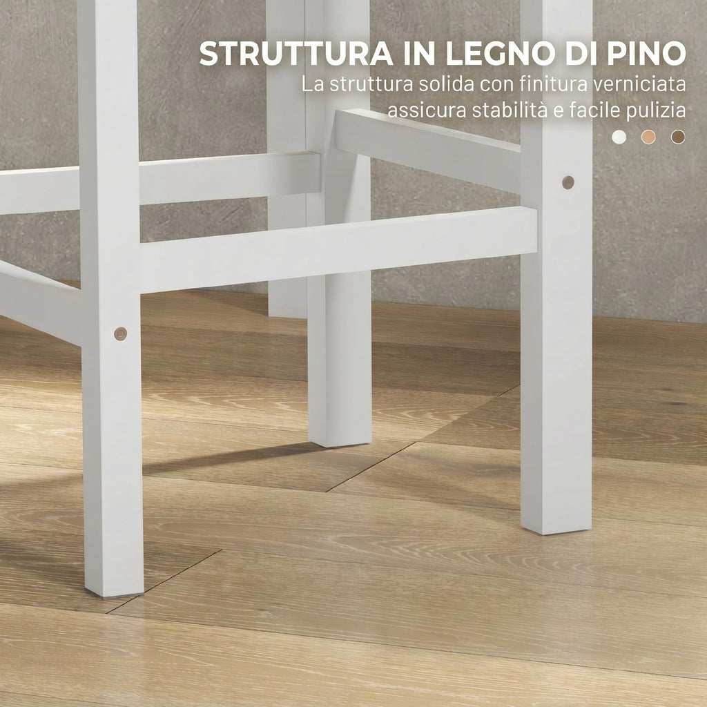 Set of 2 Bar Stools, High Back Kitchen Stools with Footrest, Pine Wood, Natural and White