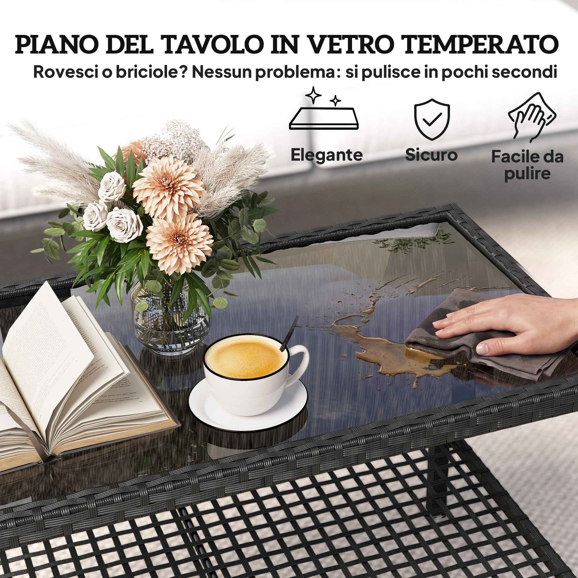 Outsunny 2-Tier Coffee Table with Tempered Glass Top and Shelf, Steel and Rattan, 92x50x45 cm, Black