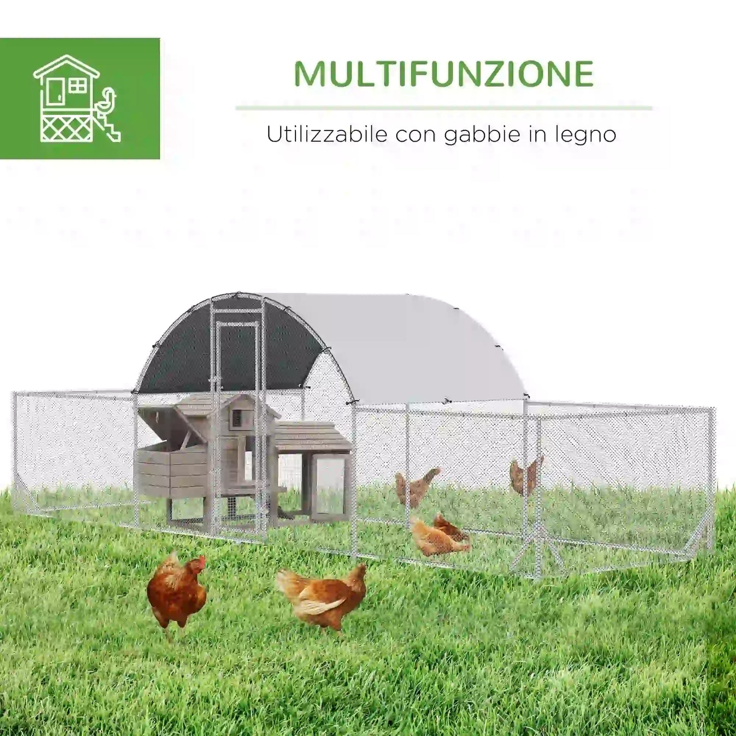 Garden Chicken Coop for 12-14 Chickens in Galvanized Steel and PE with Roof and Lock, 660x190x195 cm